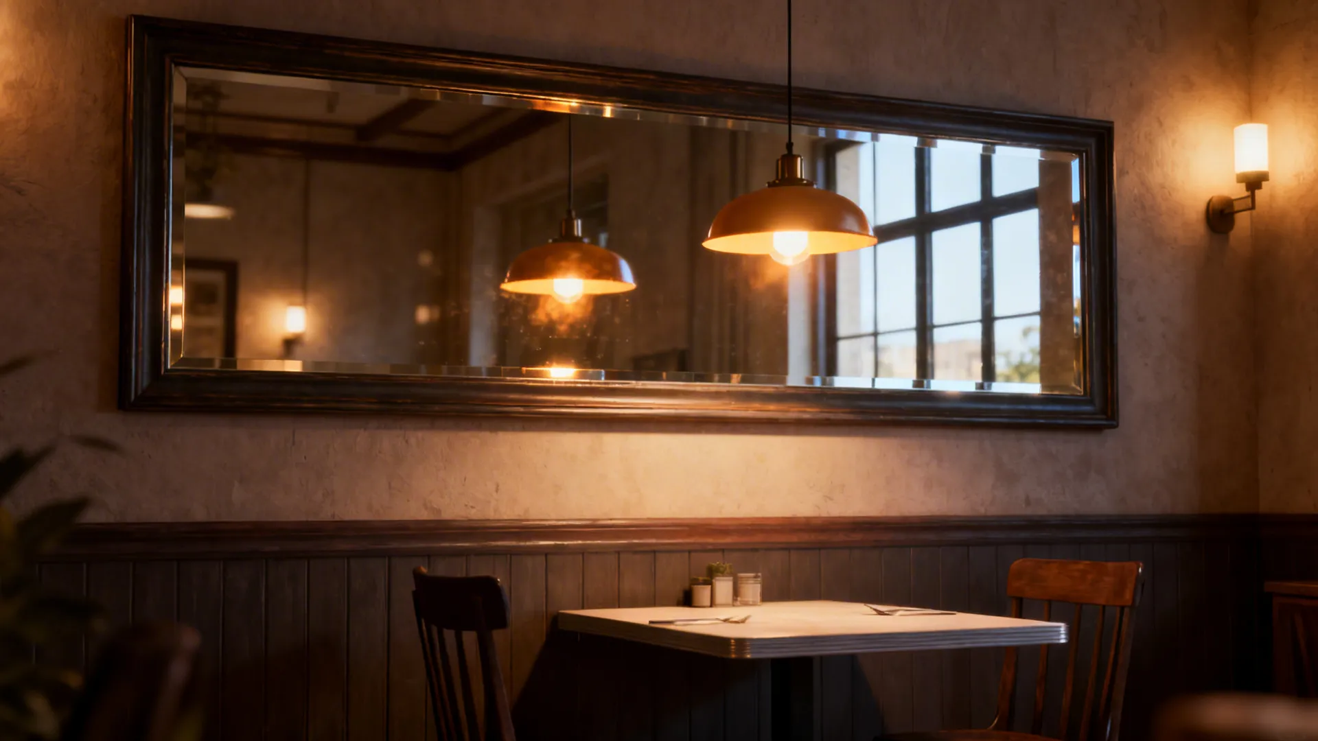 Horizontal mirror opposite a window reflecting pendant light to enlarge a small dining area.