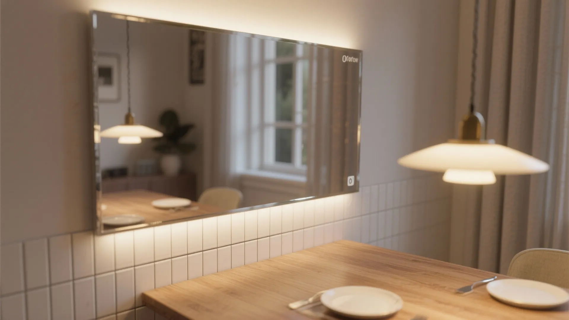 Close-up of mirror reflection, glossy backsplash and continuous flooring expanding a small dining nook