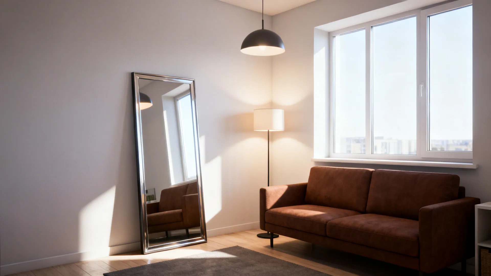 Small living room with a brown sofa and a large floor mirror reflecting daylight to open the space.
