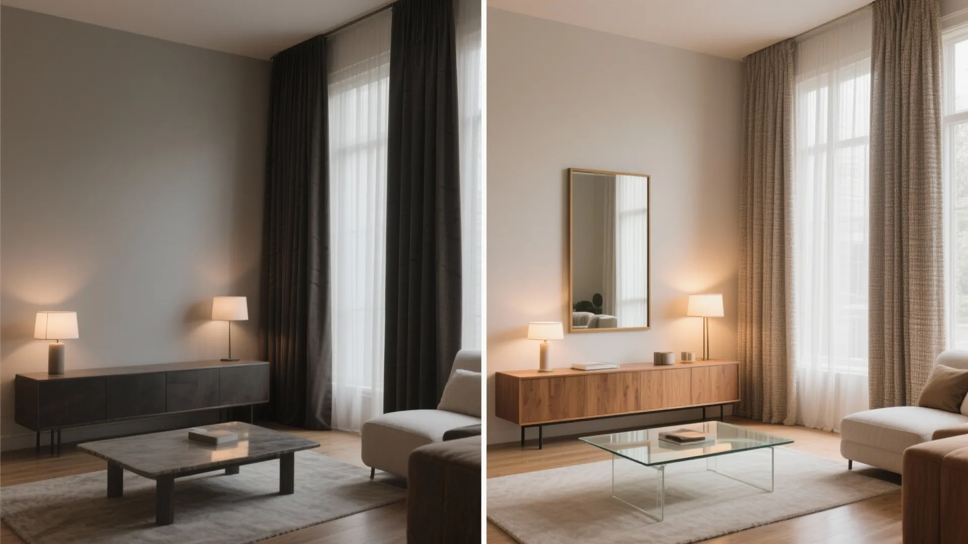 Comparison showing two living room styles with different wood cabinets, window curtains, and large mirrors