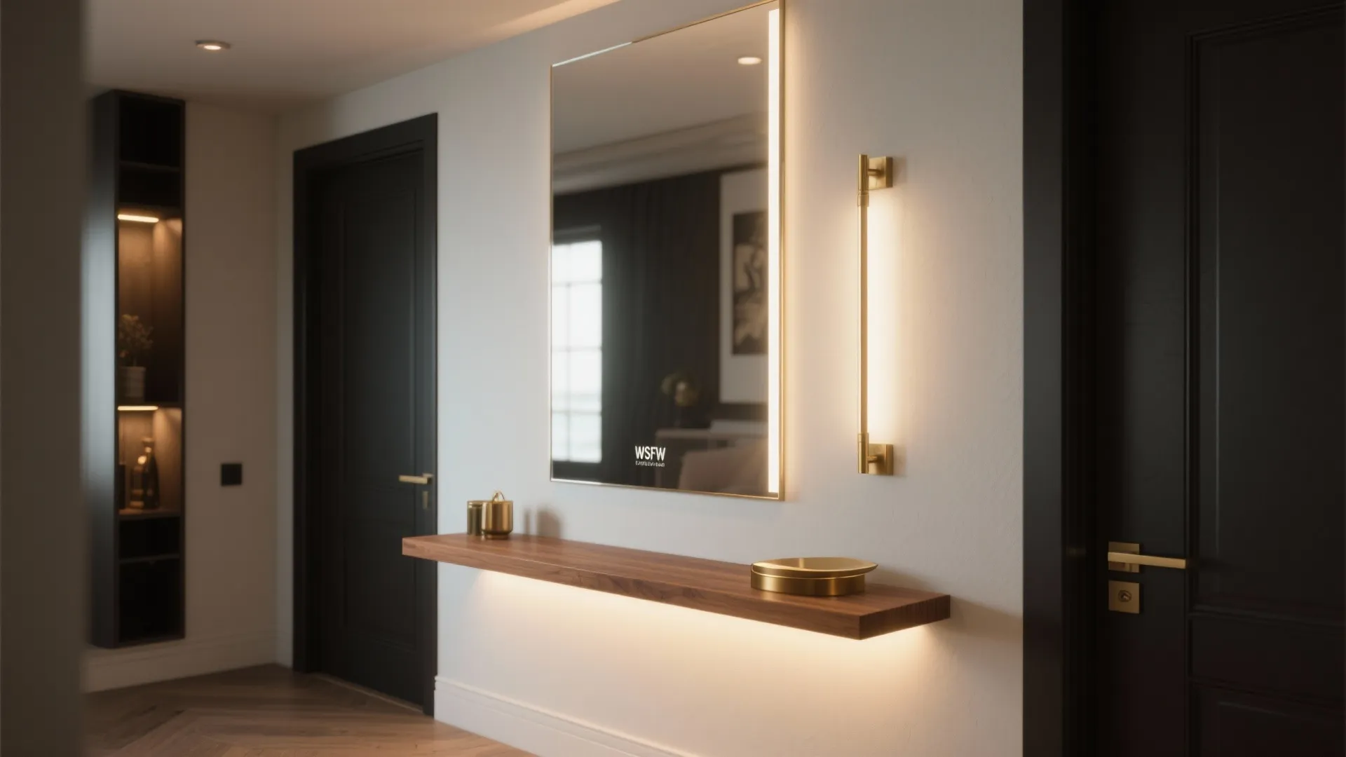 Idea 3: Light-layered mirror wall (no more cave vibes)