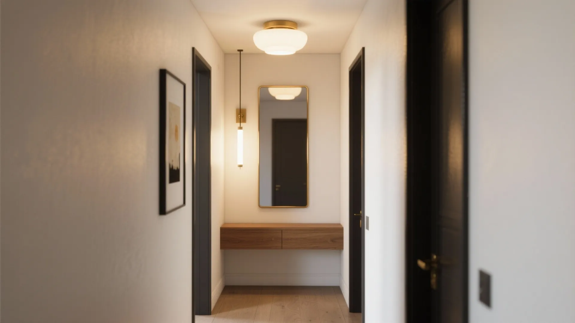 Mirrors and layered lighting to stretch the hall