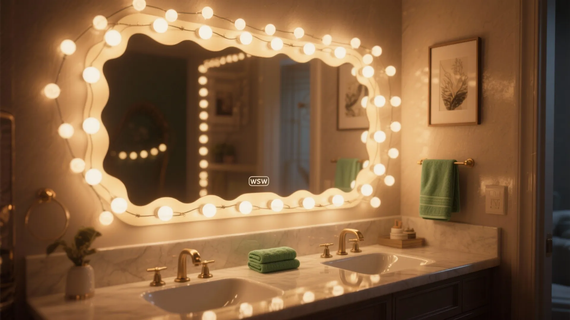 Vanity with a scalloped mirror, warm LED backlighting and subtle string lights, creating a cozy glow.