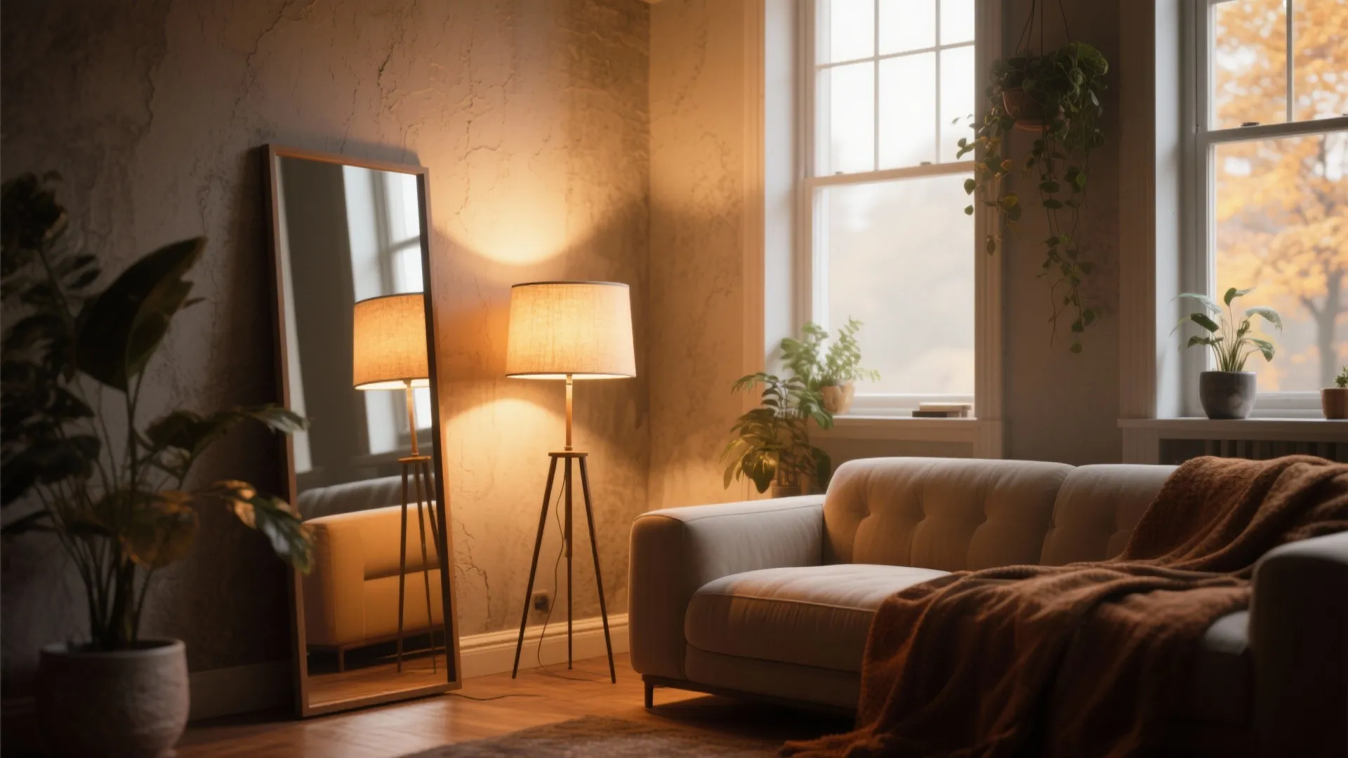 Warm living room with floor lamp reflecting in a tall mirror next to cozy sofa