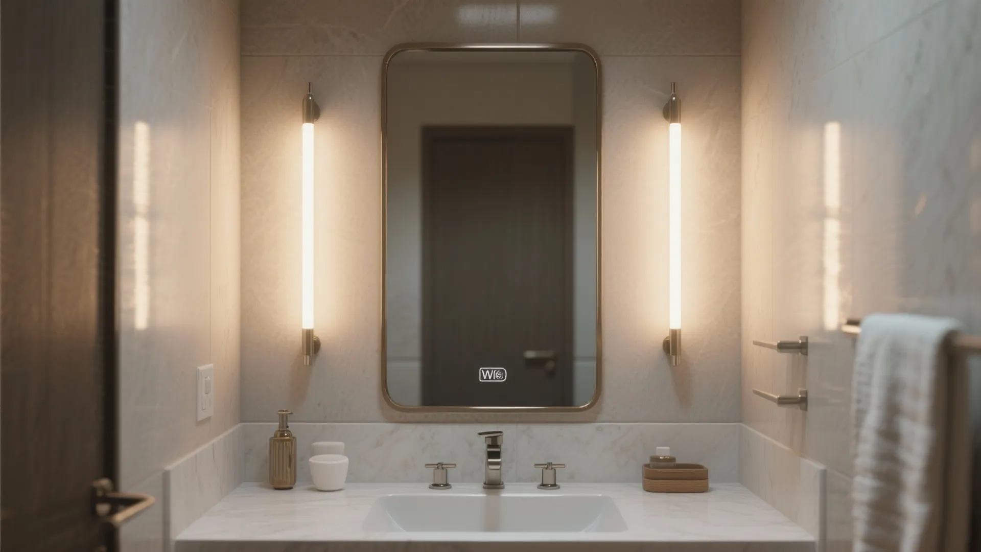 Modern bathroom sink area with a large mirror flanked by two vertical wall light fixtures