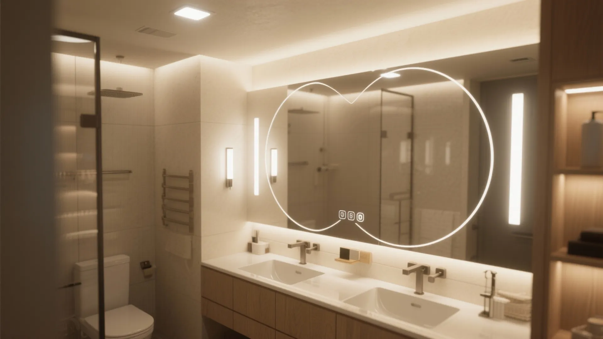 Modern bathroom featuring double sinks with a large lighted mirror and warm wall light fixtures