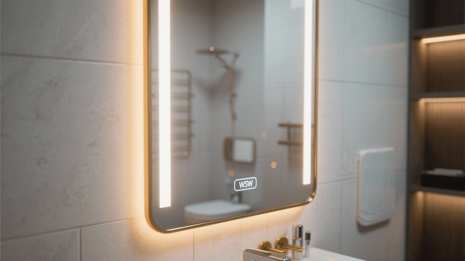 Modern bathroom mirror with light strips on both sides and warm glow against white tiles