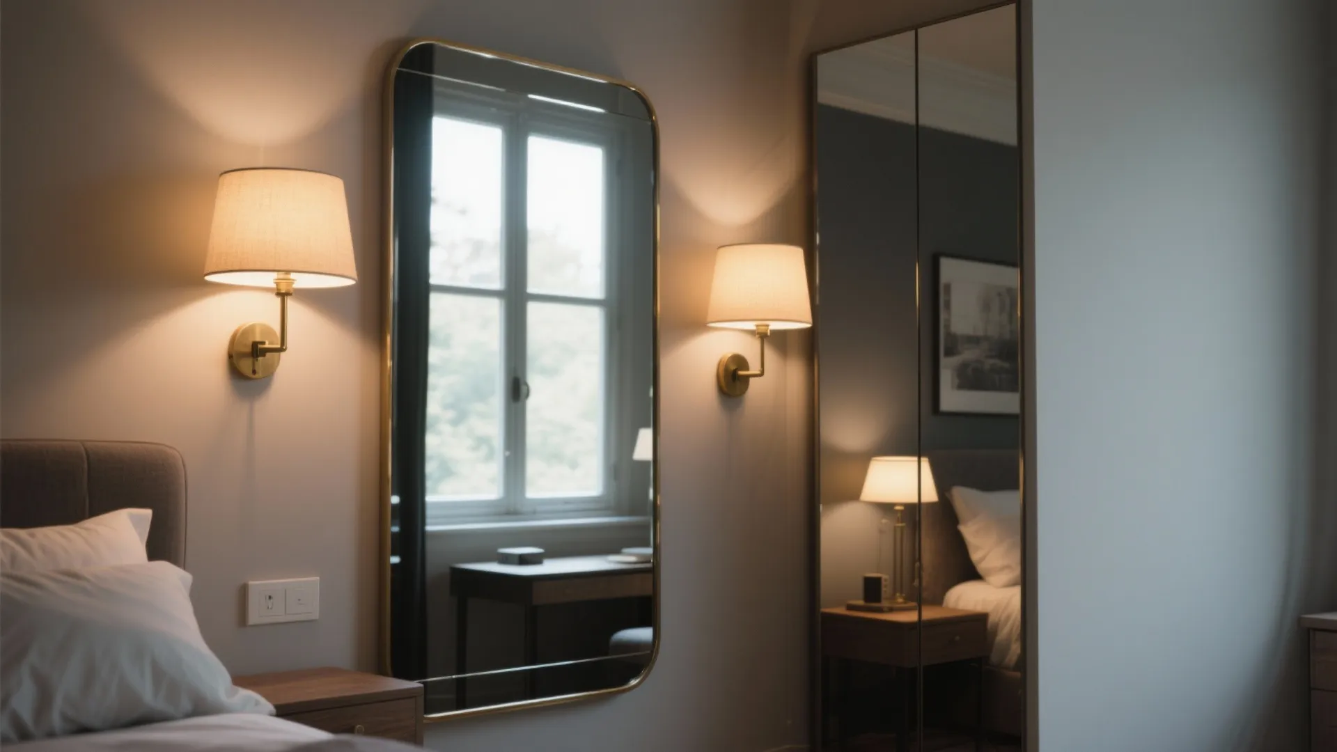 Bedroom featuring gold framed mirror two wall lights bedside table bed and a very large window