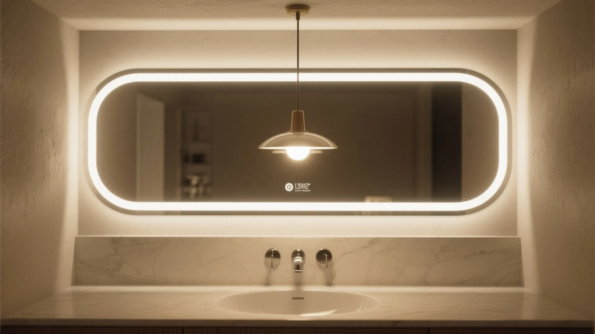 Minimalist bathroom sink with backlit oval mirror marble wall and a hanging round ceiling light