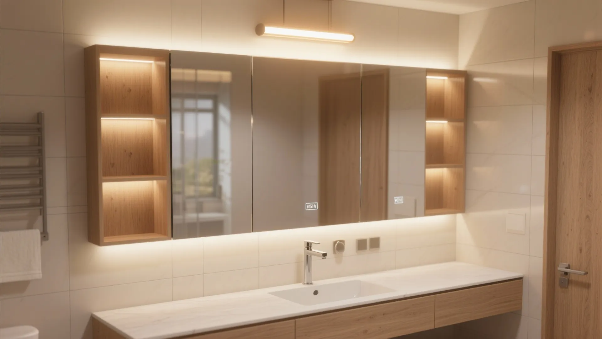 Full-width mirror cabinet plus layered lighting