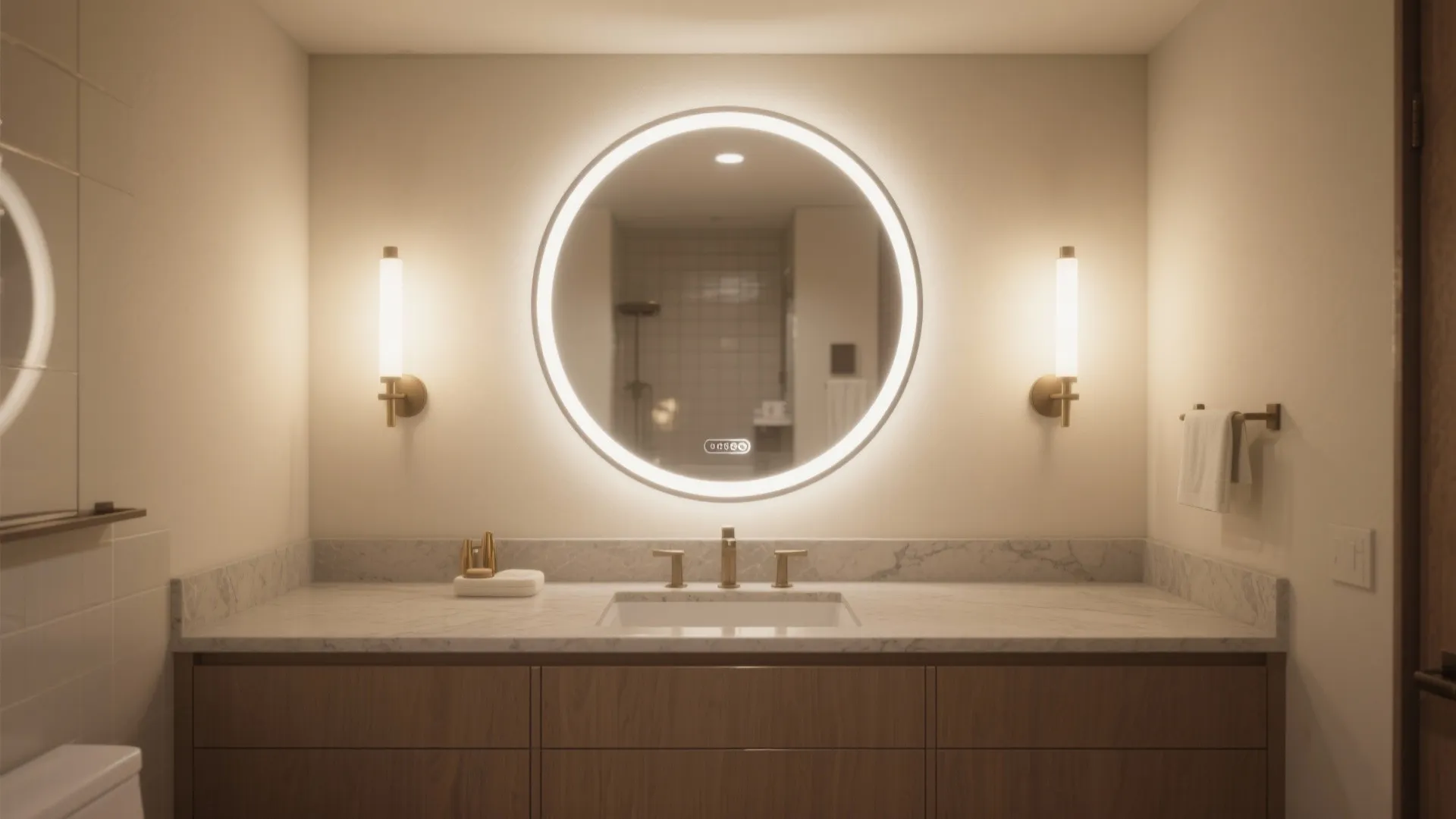 4. Vanity with oversized mirror and layered lighting