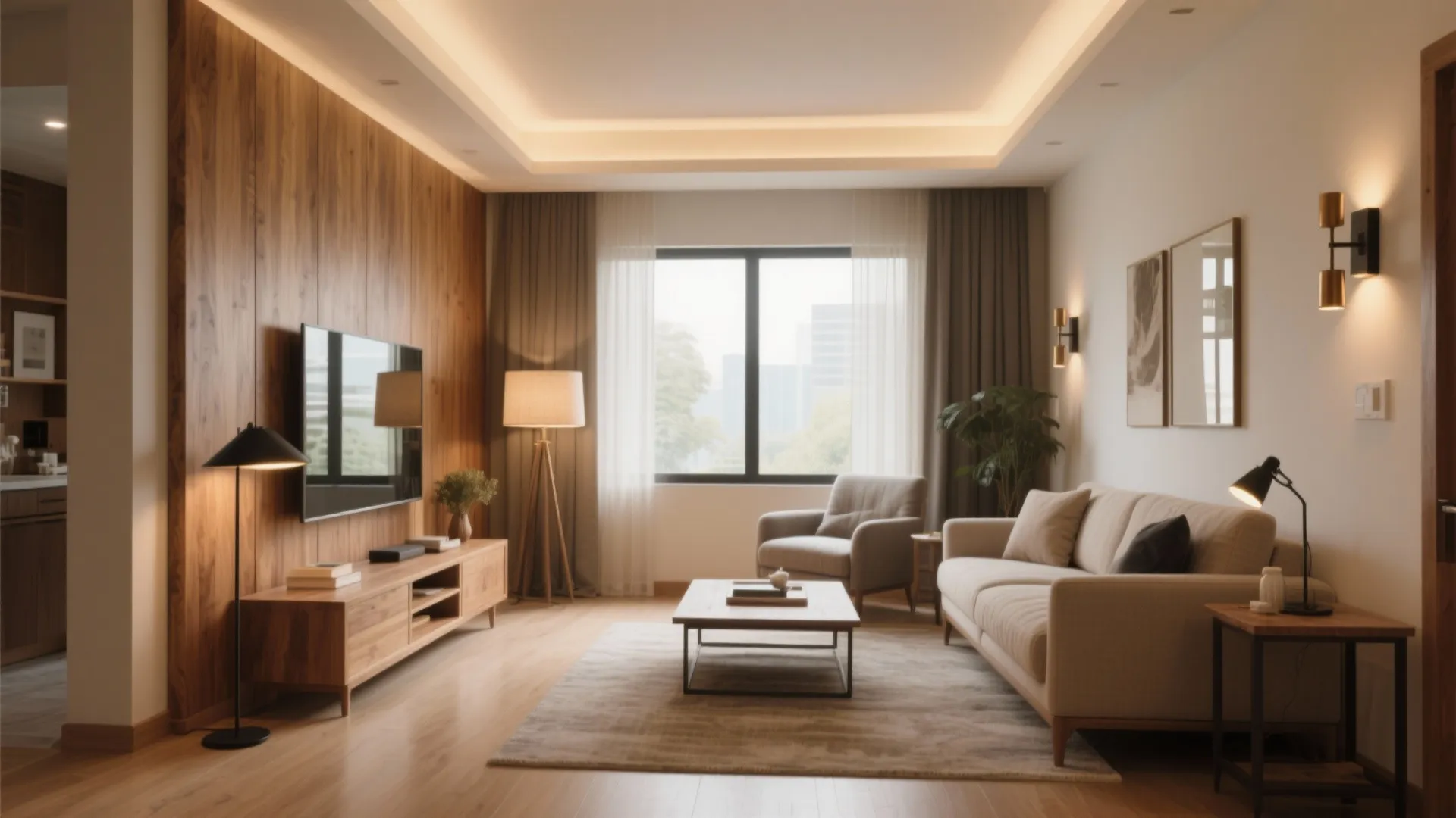 Warm wood, layered lighting, and mirrors for visual breadth