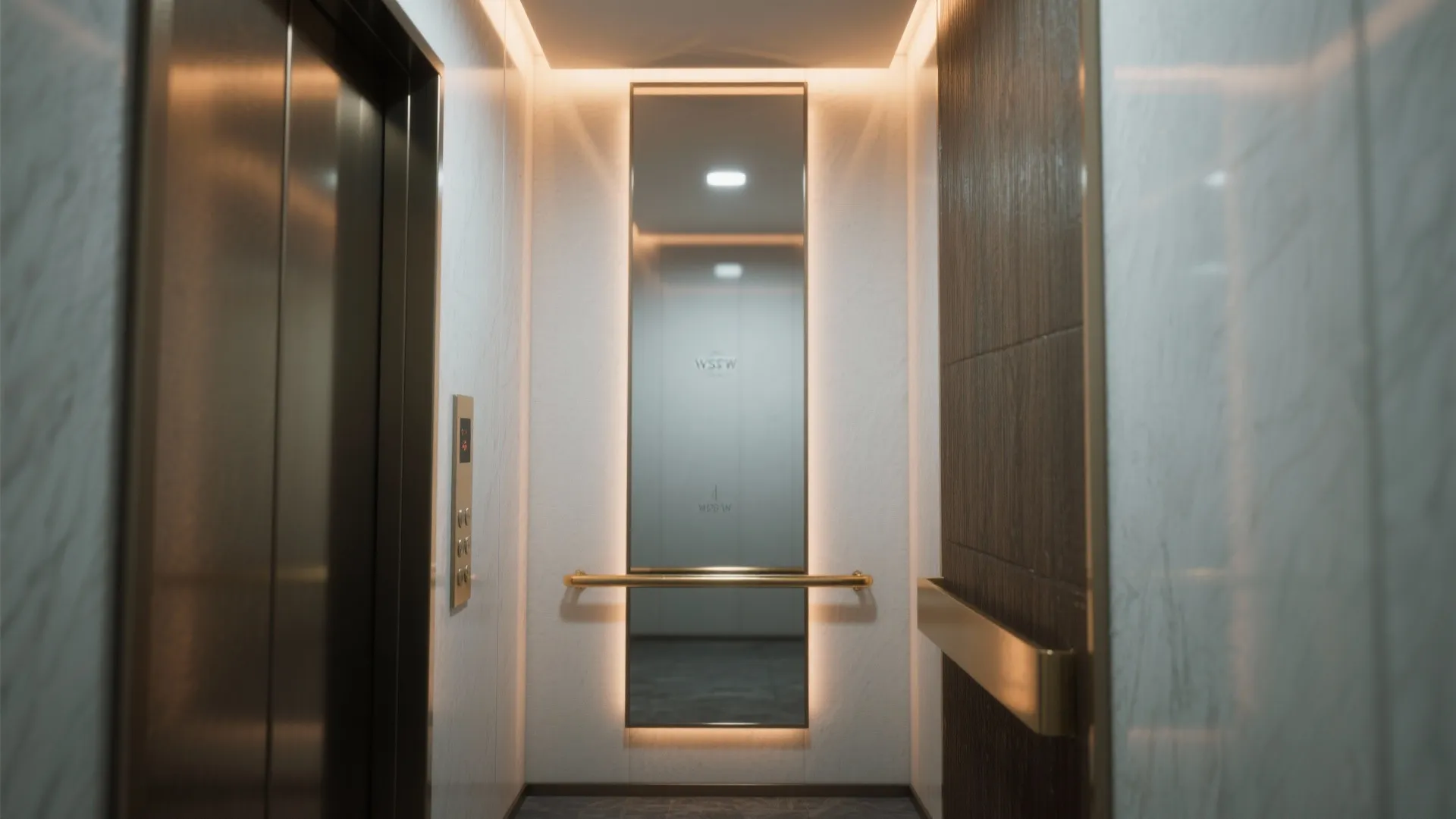 Elevator interior with a tall backlit mirror wood wall panels silver handrail and metal door