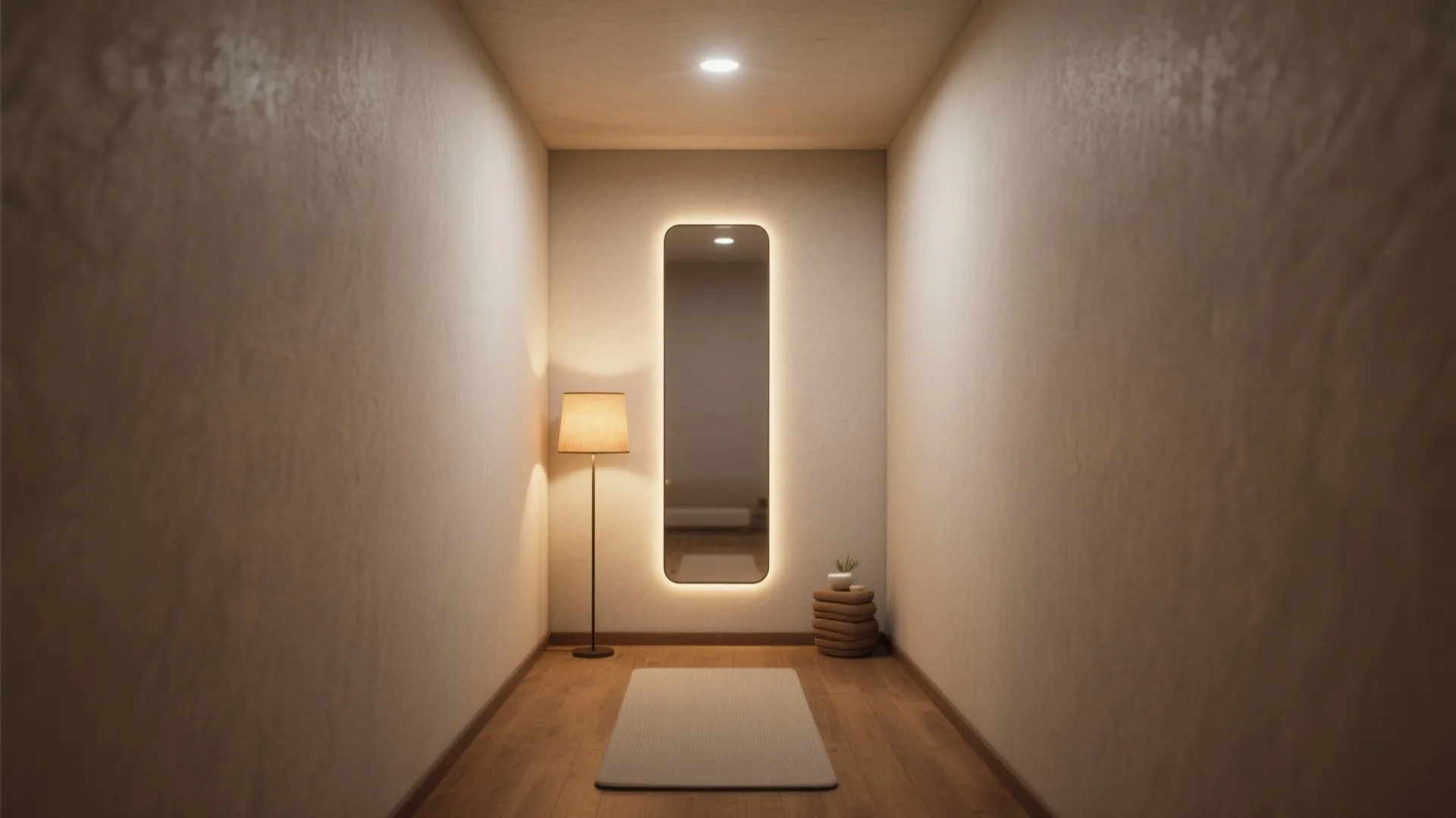 Minimalist hallway with backlit wall mirror floor lamp wood flooring and warm soft ceiling light