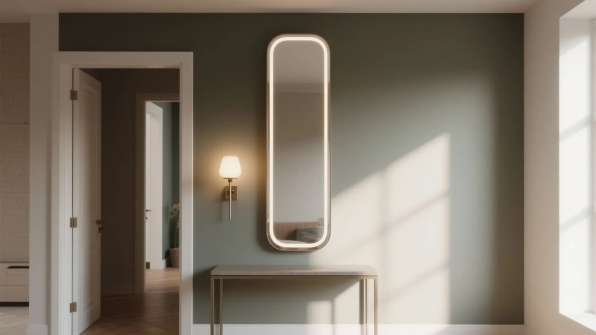 Tall narrow mirror above a console with a slim sconce, showing layered warm lighting and an accent wall.