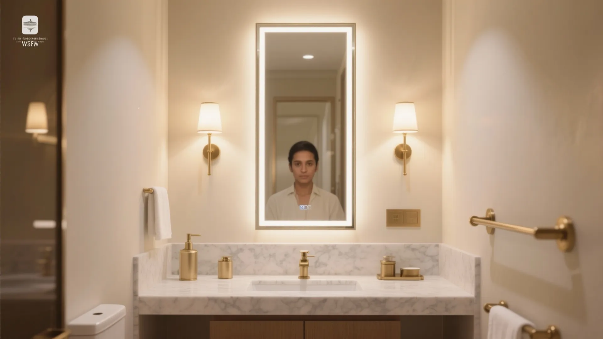 Modern bathroom sink with marble counter gold faucet lit mirror and two warm wall lights