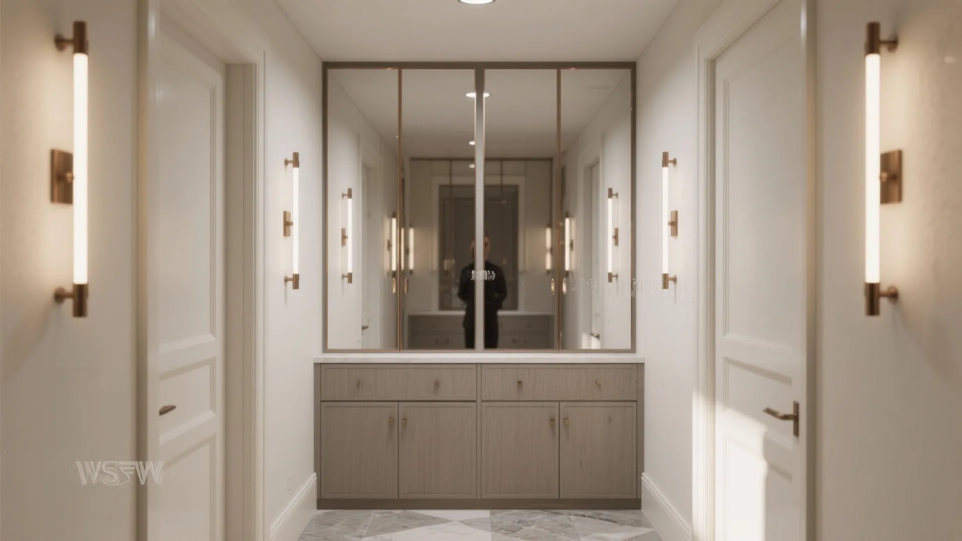 Mirrored Doors and Lighting That Visually Double Space