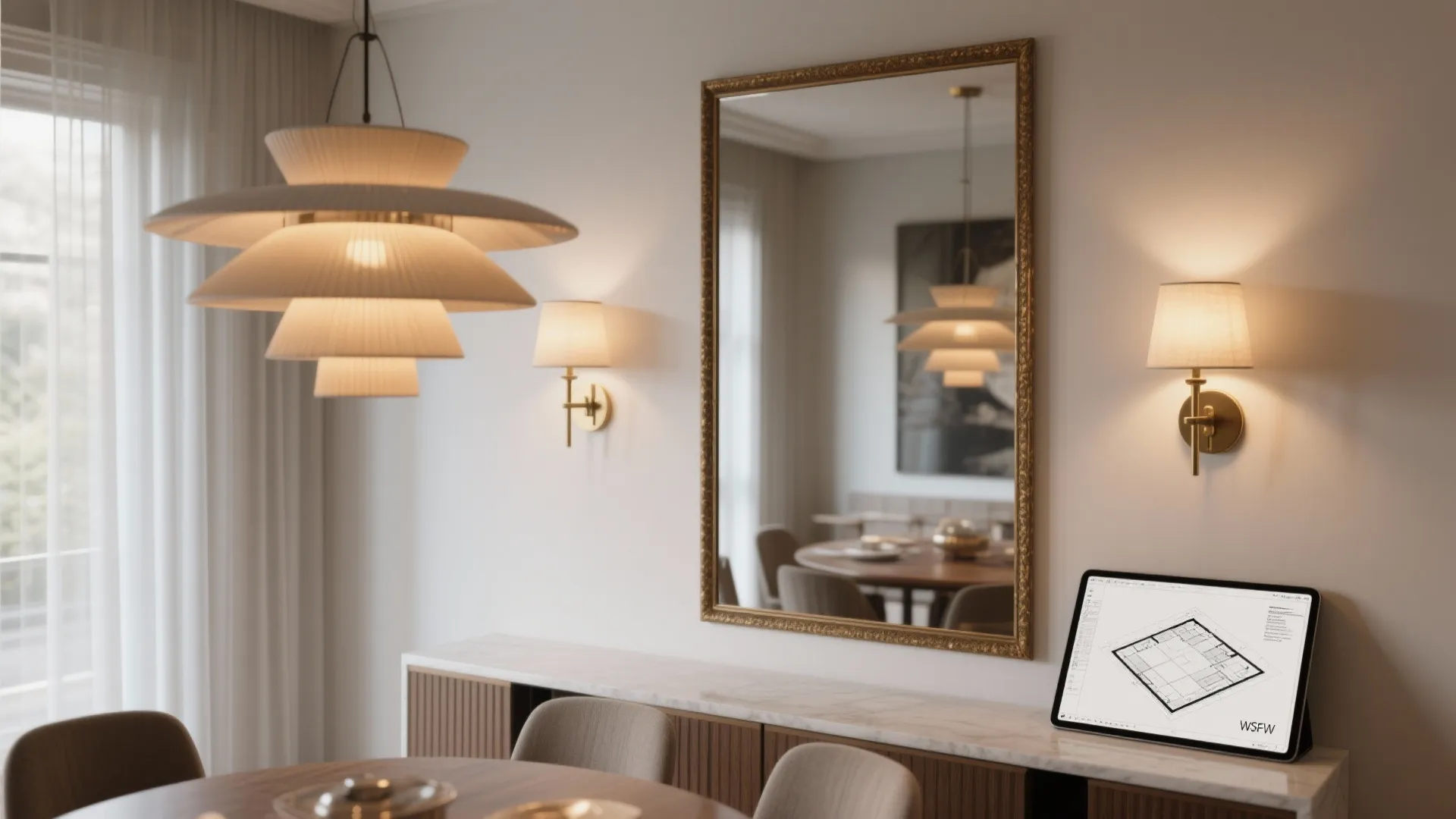 Large mirror and pendant lighting in a small dining room with a tablet showing a 3D layout preview.
