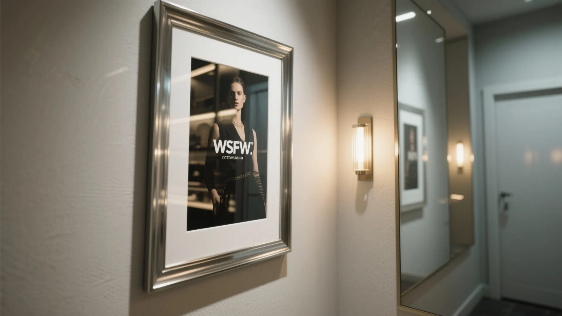 Framed picture on a white wall next to a warm wall light and a mirror