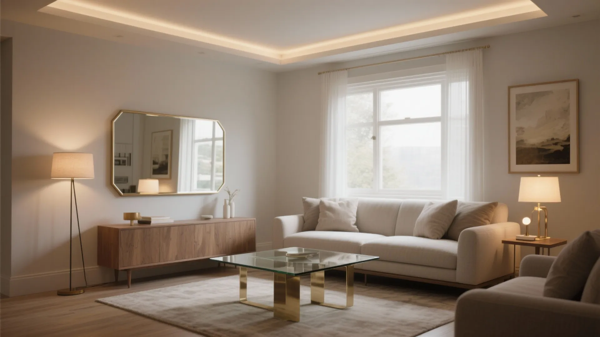 Mirrors, glass, and layered lighting