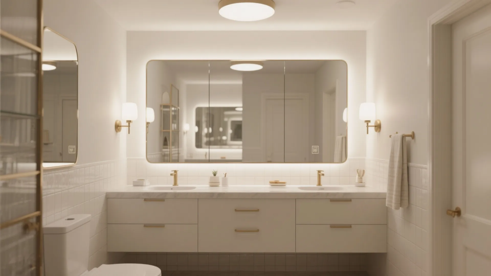 Double sink bathroom cabinet with large led mirror wall lights ceiling light and white tiles