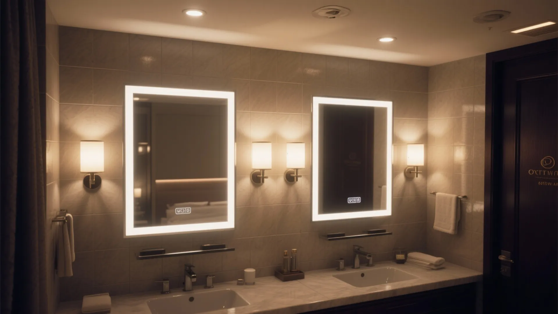 Double sink bathroom vanity with two glowing square mirrors and three classic warm wall lights