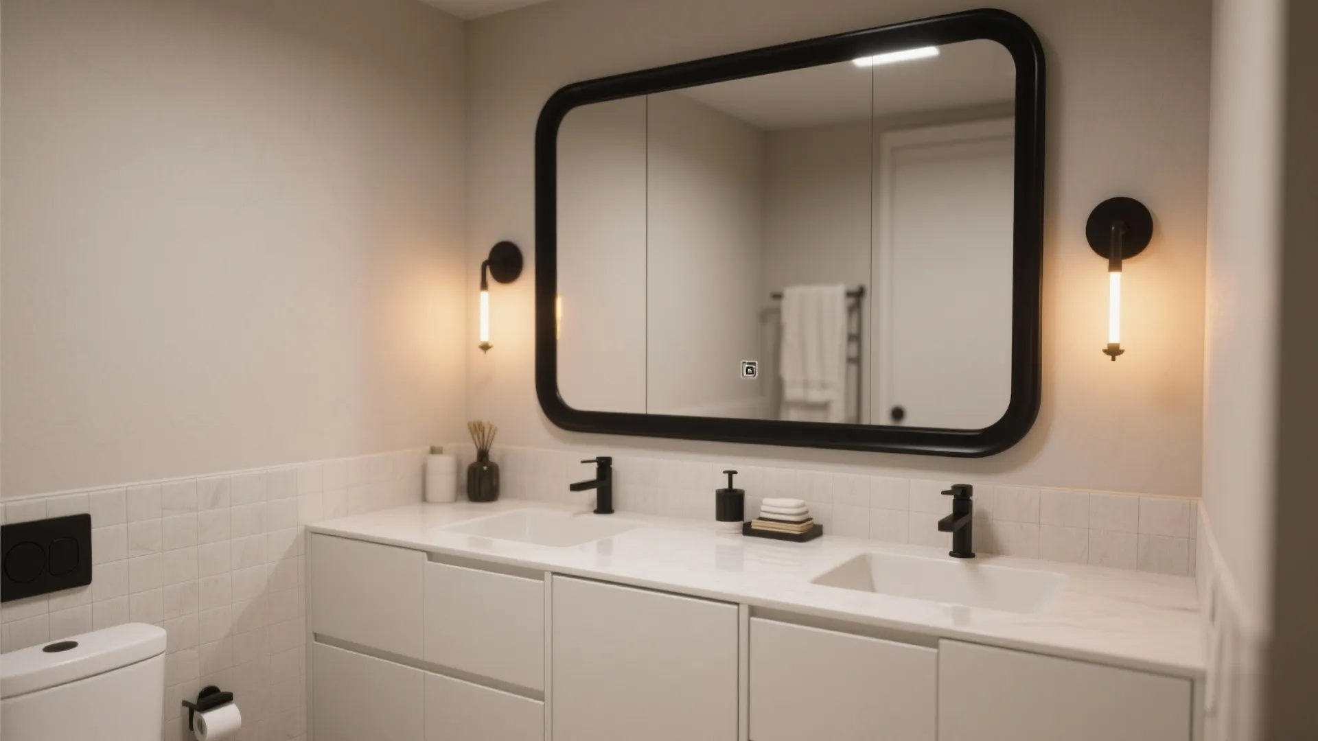 Black-framed mirror and diffused black sconces over a white vanity creating cohesive lighting.
