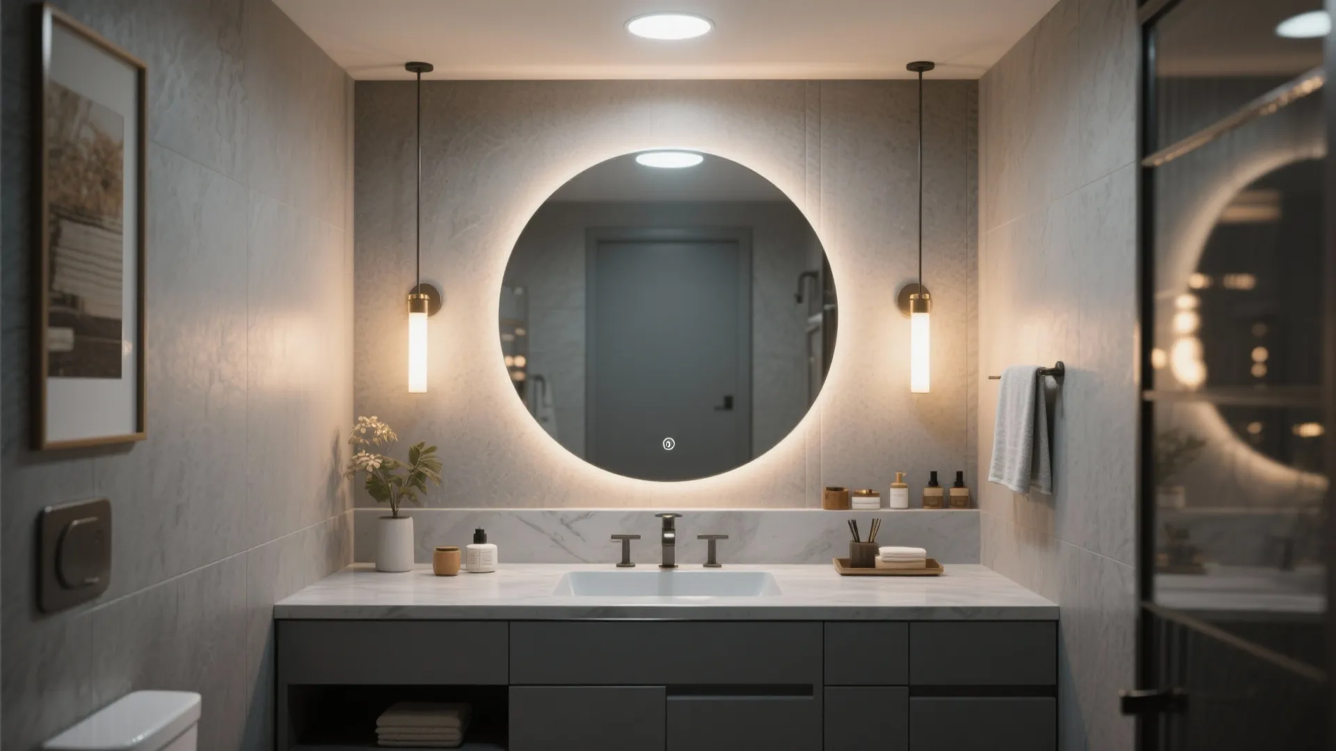 Modern bathroom with round backlit mirror grey cabinet white sink wall lights and marble tiles