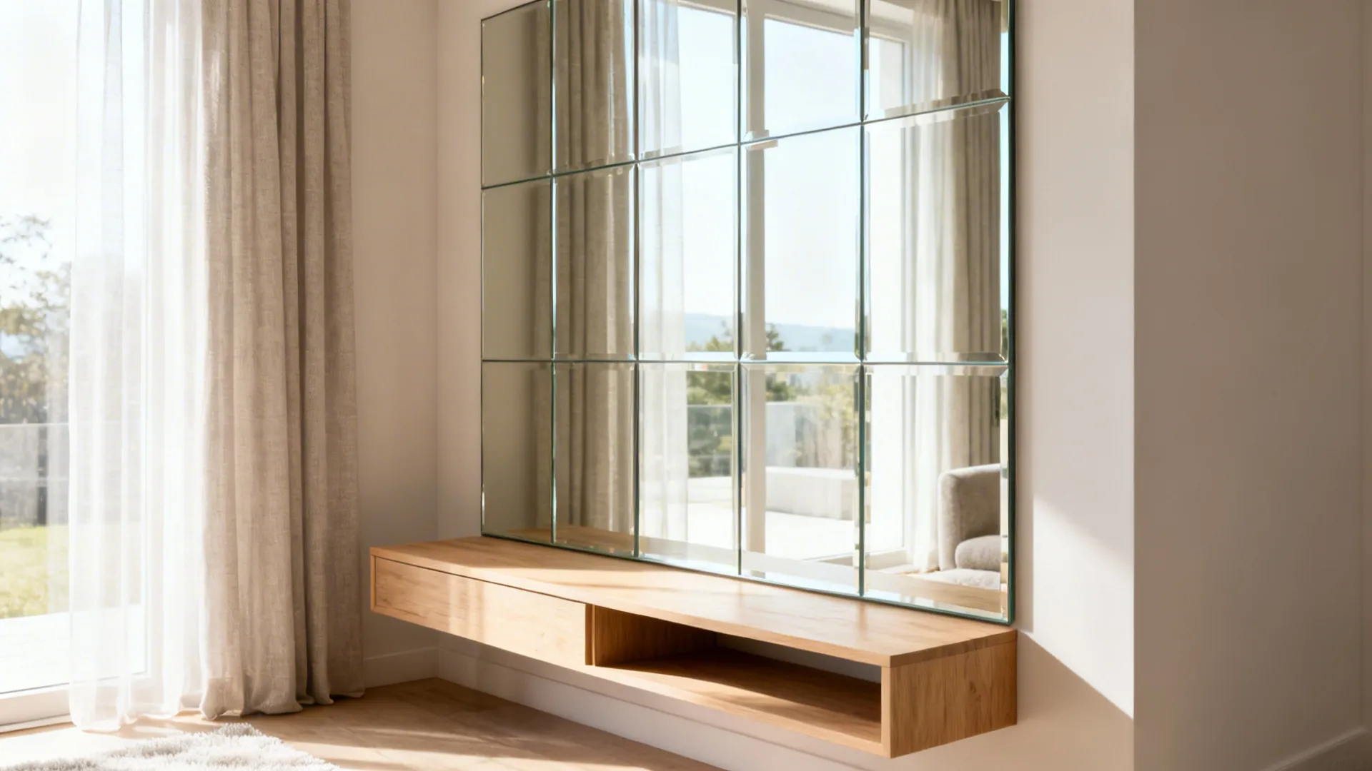 Small living room corner with a large mirror reflecting sunlight and a slim console with hidden storage.