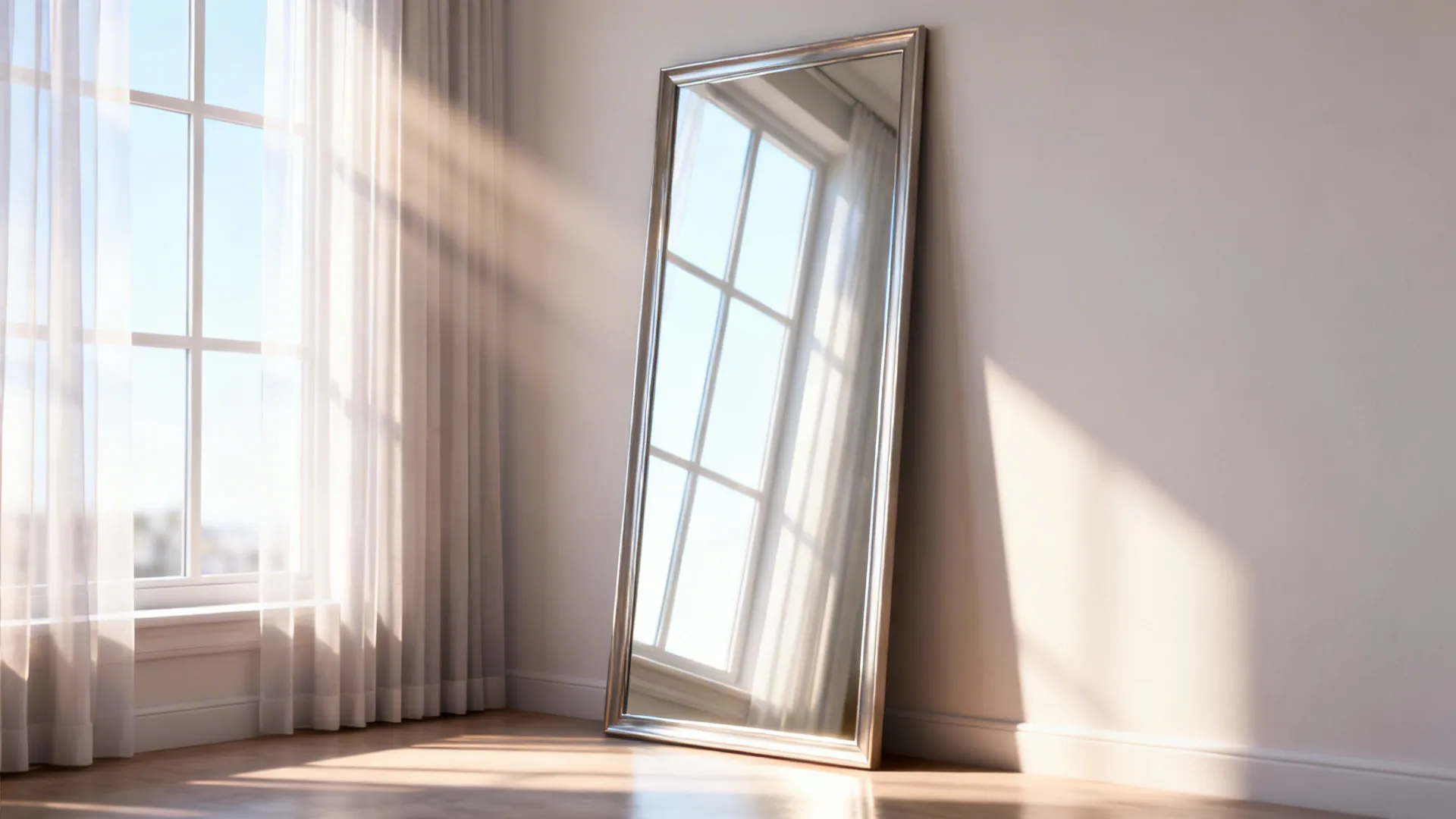 Oversized mirror and sheer curtains bouncing natural light into a small living room
