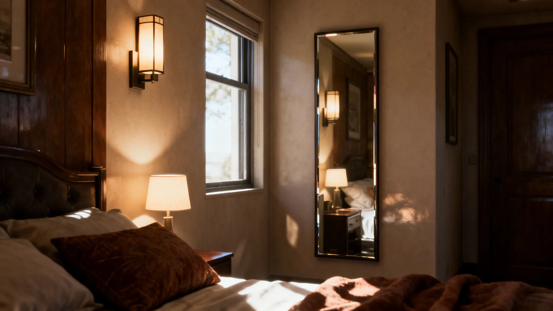 Slim mirror panel opposite a window amplifying daylight with warm layered lighting