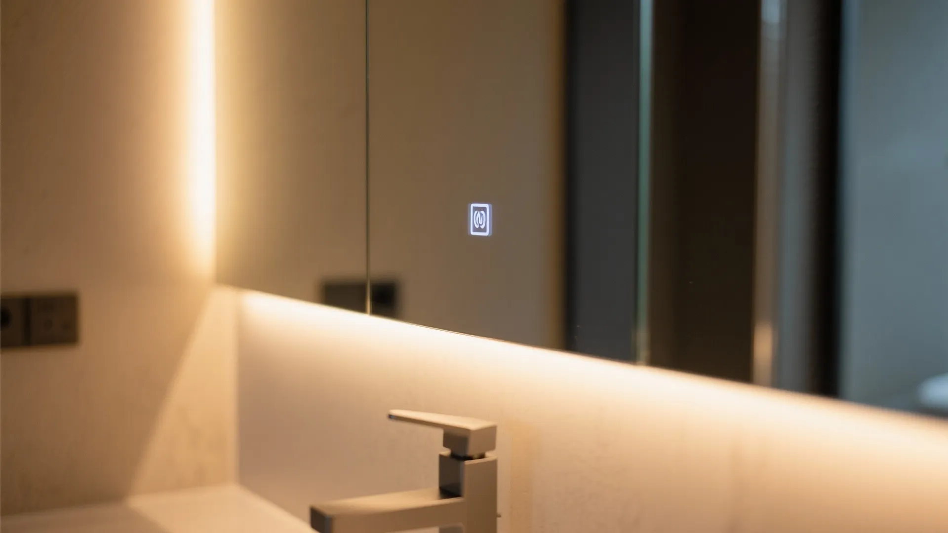 Smart bathroom mirror with touch button and soft yellow light strip behind the glass frame