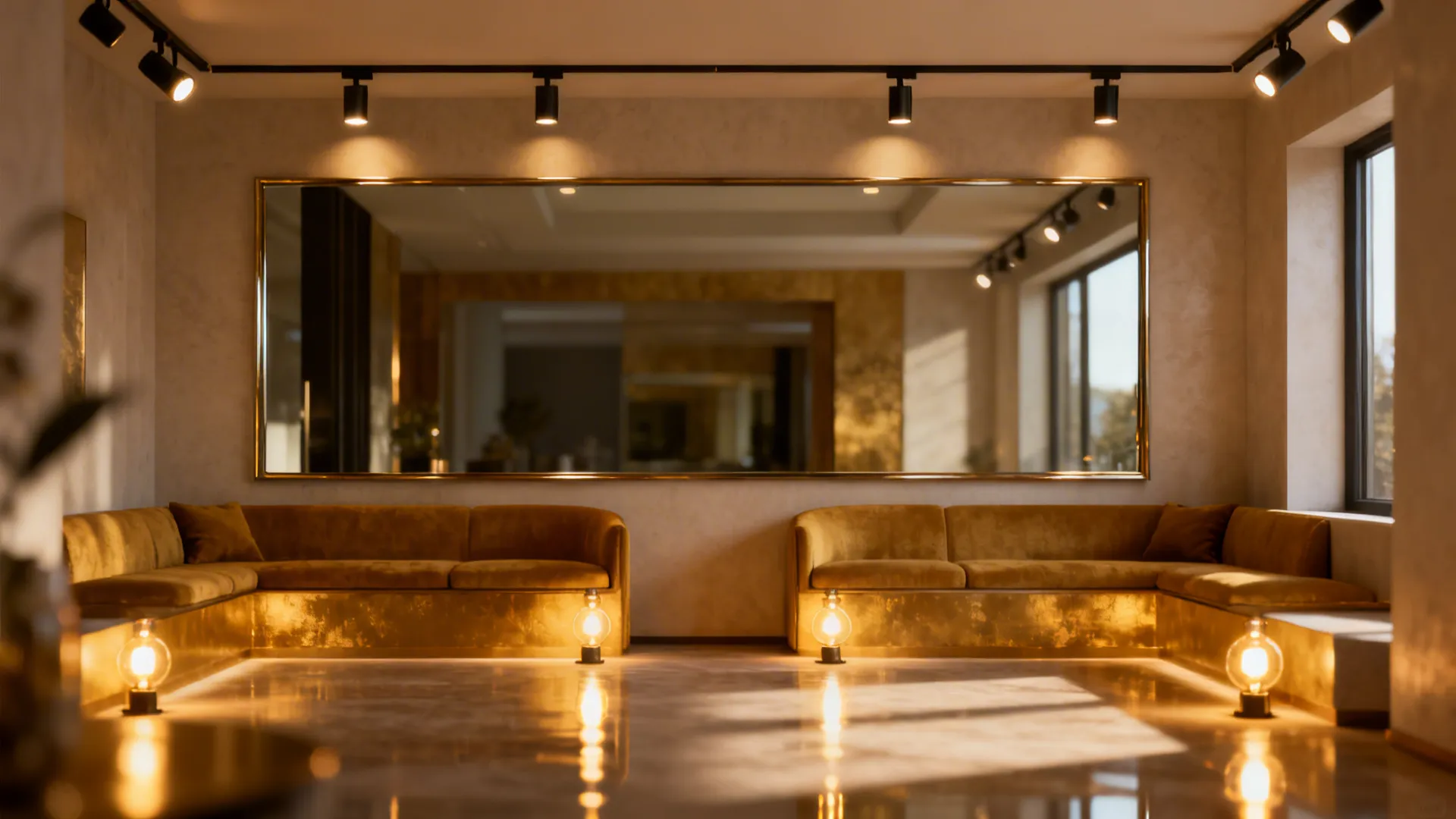 Luxury room with yellow sofas below a large mirror and many small black ceiling lights