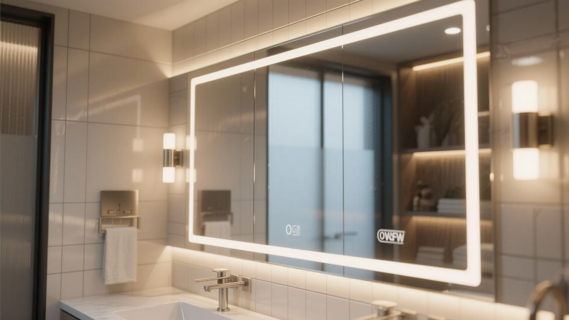 5. Mirrors, large-format tiles and layered lighting