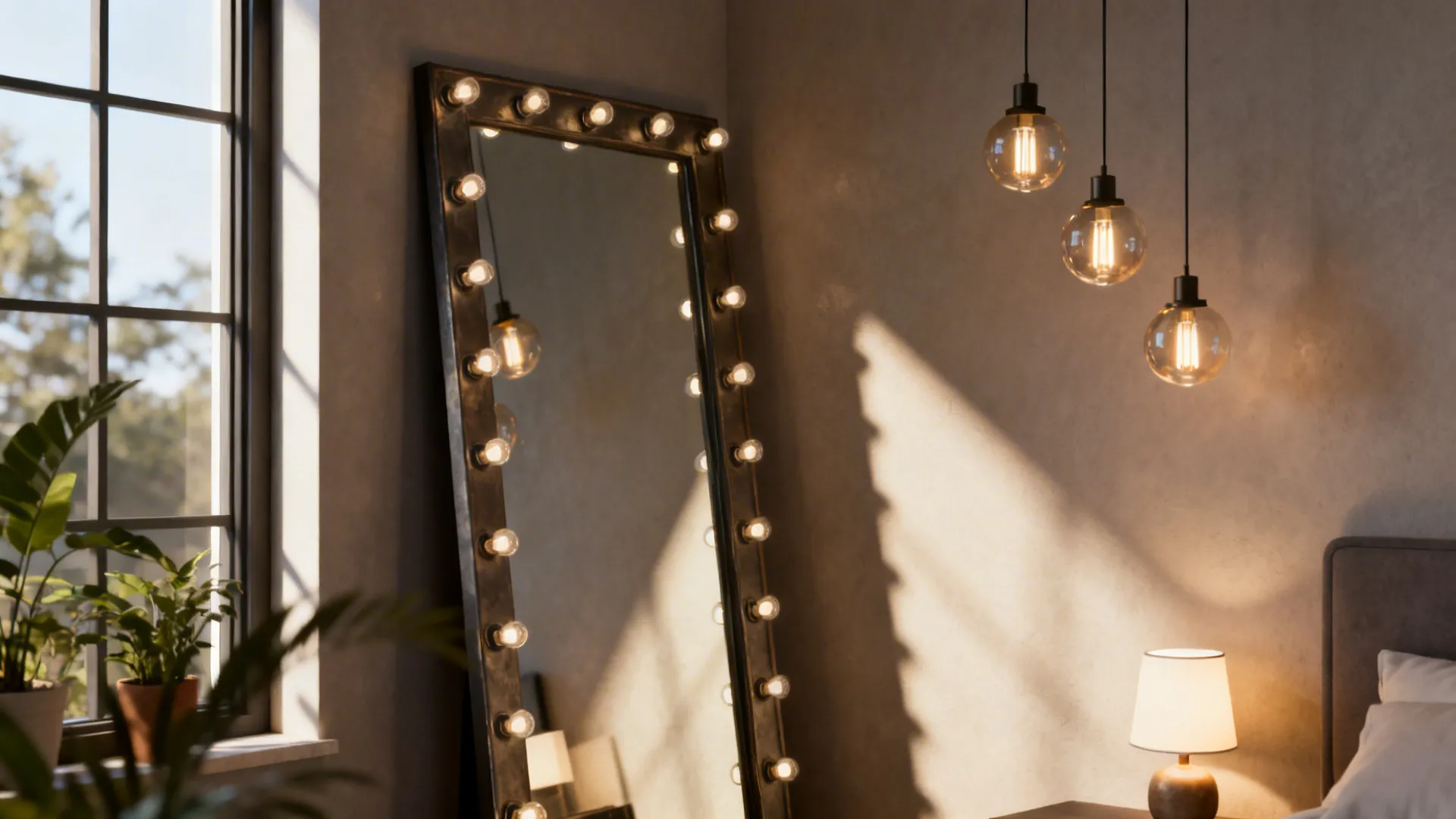 Large floor mirror with light bulbs standing near hanging light fixtures and bedside table lamp