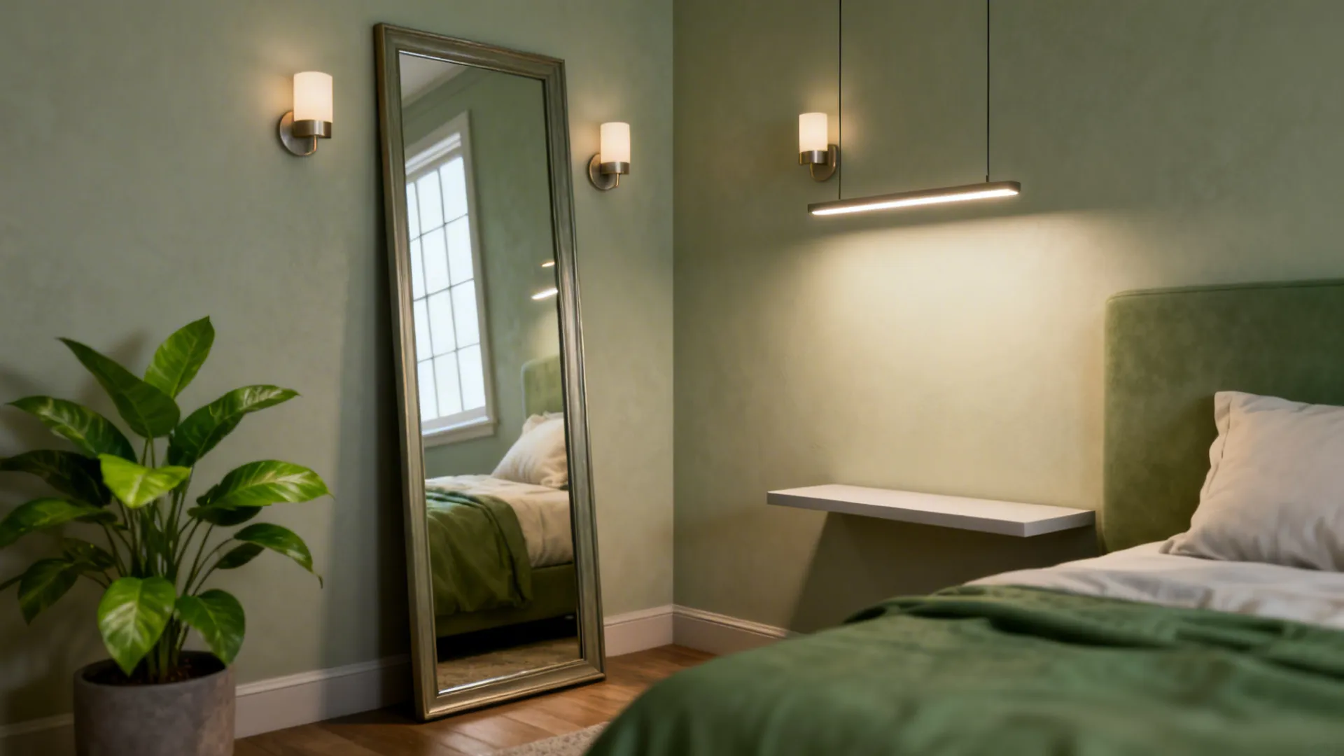 Green bedroom featuring a tall floor mirror wall lights a hanging light fixture and plants