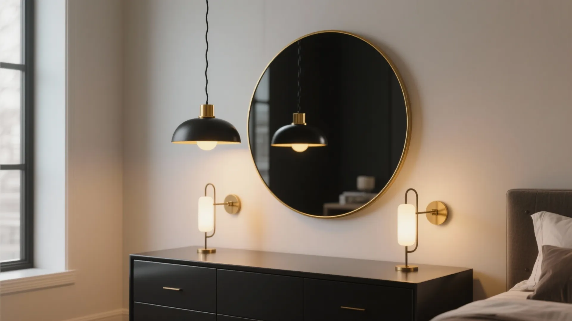 Round black-framed mirror with gold bezel and layered pendant and sconce lighting