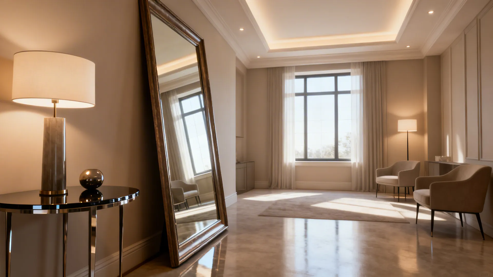 Mirror opposite a window reflecting daylight with layered ambient and task lighting in a compact living room.