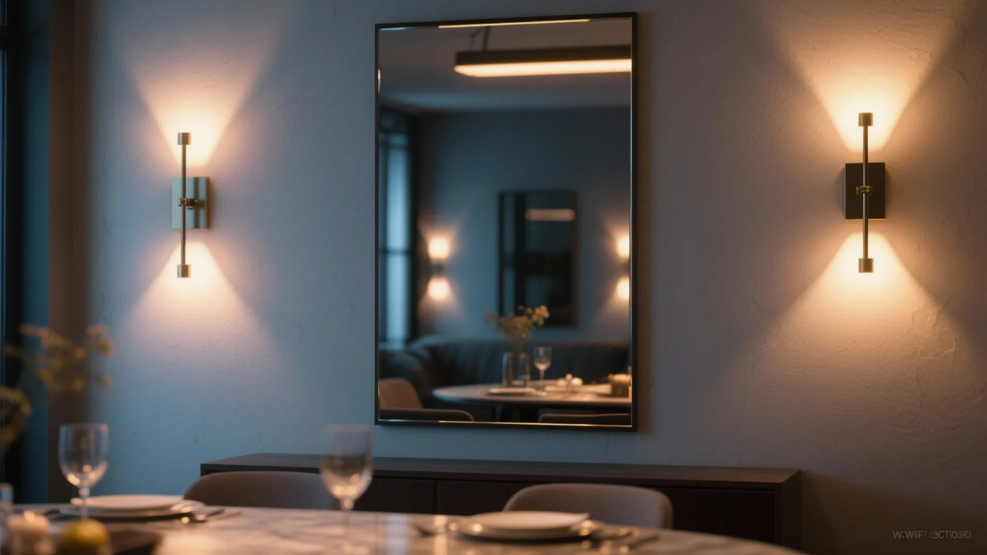 Mirror with wall sconces washing light across the glass to create a warm multilayered dining ambience.