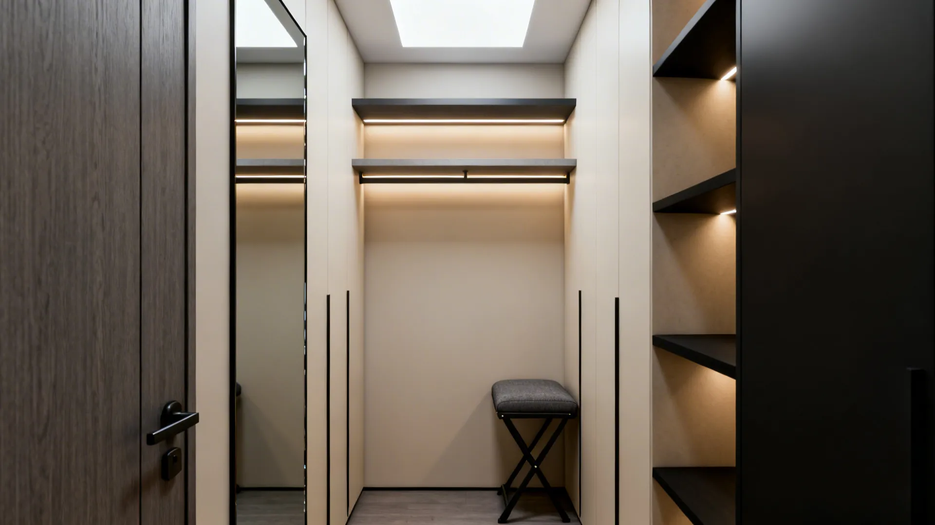 Modern walk in closet with big mirror lighted shelves neutral walls and a grey footrest