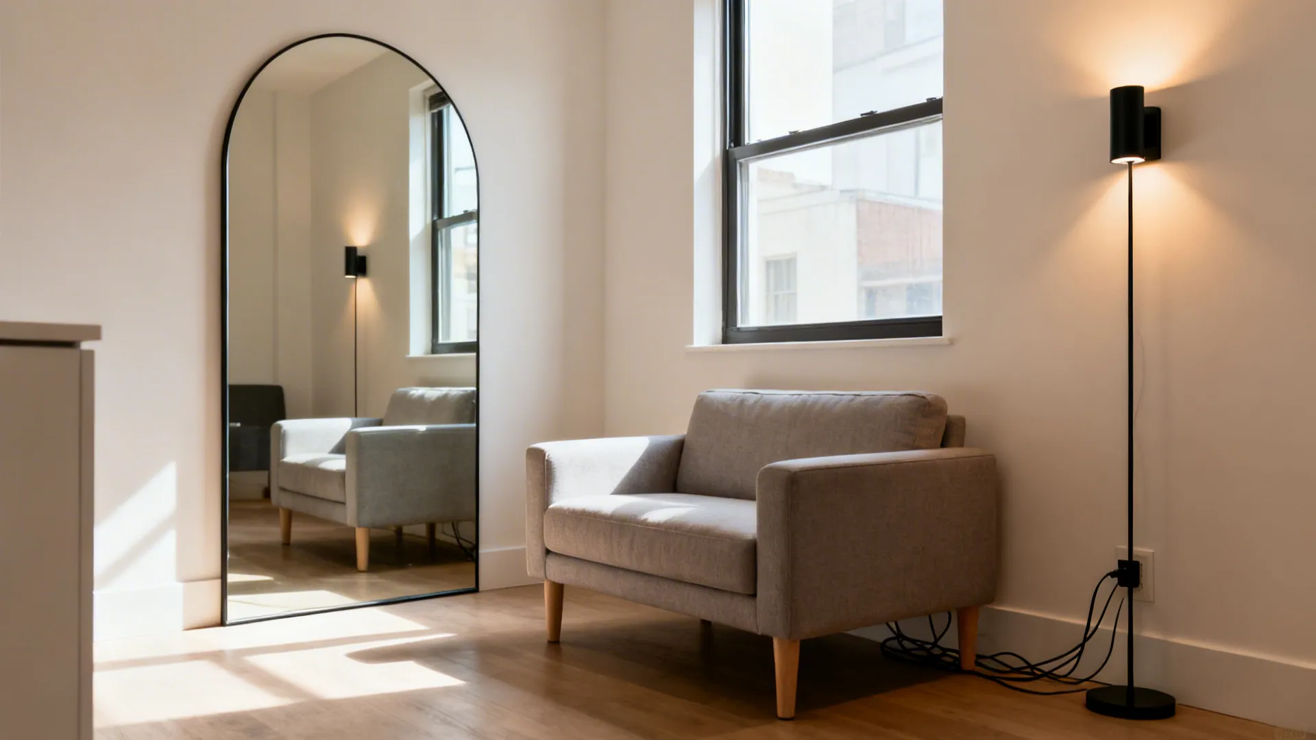 Minimalist living room featuring arched floor mirror grey small sofa black light fixture and natural light