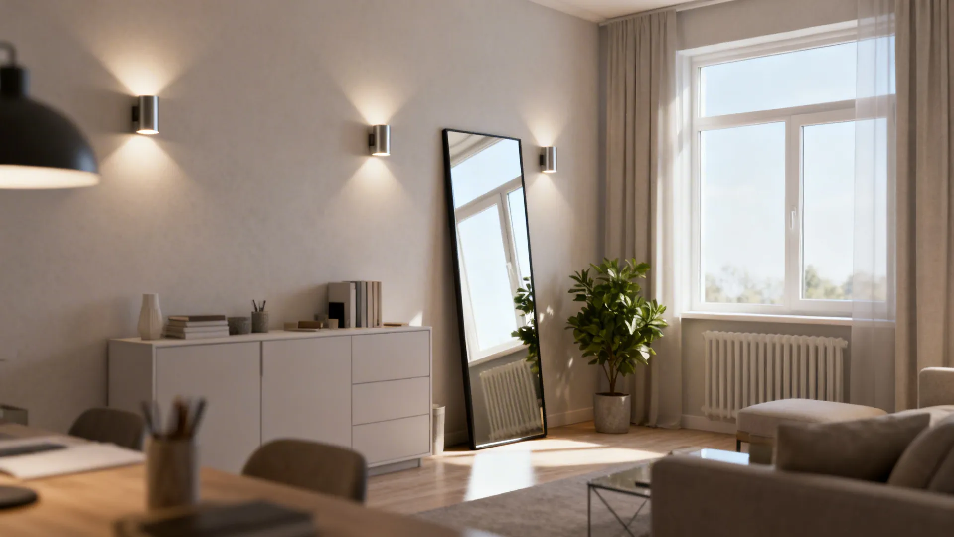 Full-length mirror opposite a window with layered wall lighting to enlarge a small bedroom.