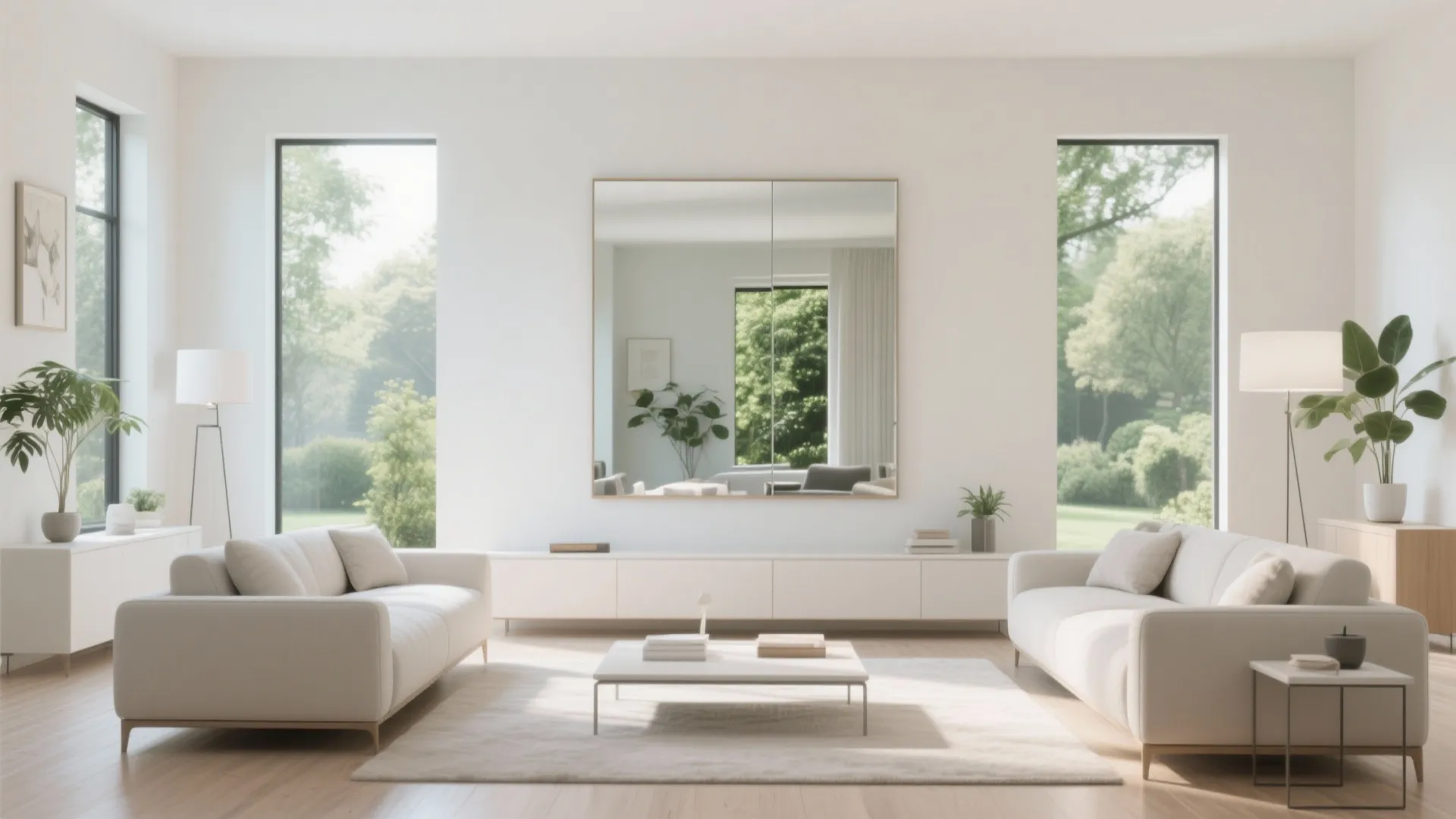 Minimalist white living room with two sofas a square mirror large windows and natural light