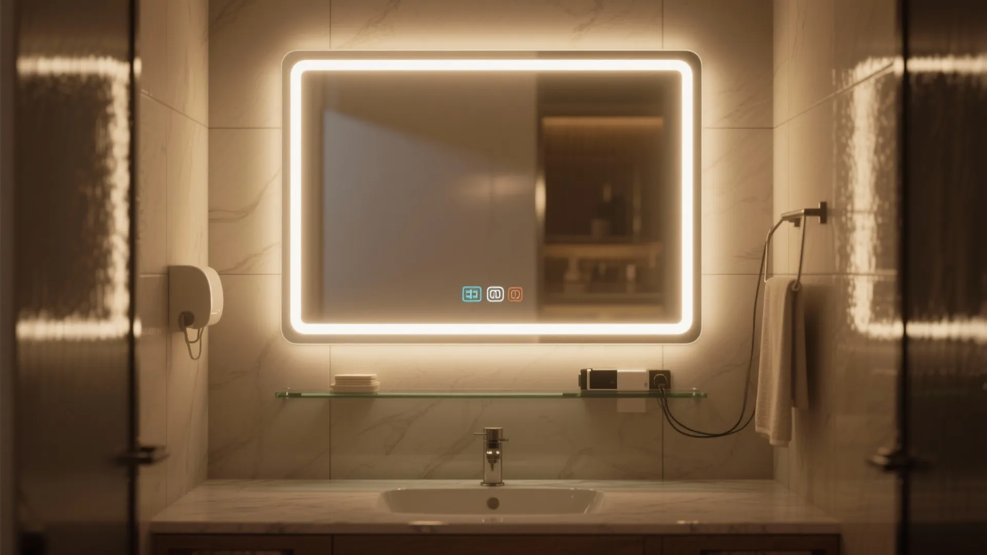Modern bathroom vanity with a large glowing LED mirror, white sink, and marble wall tiles