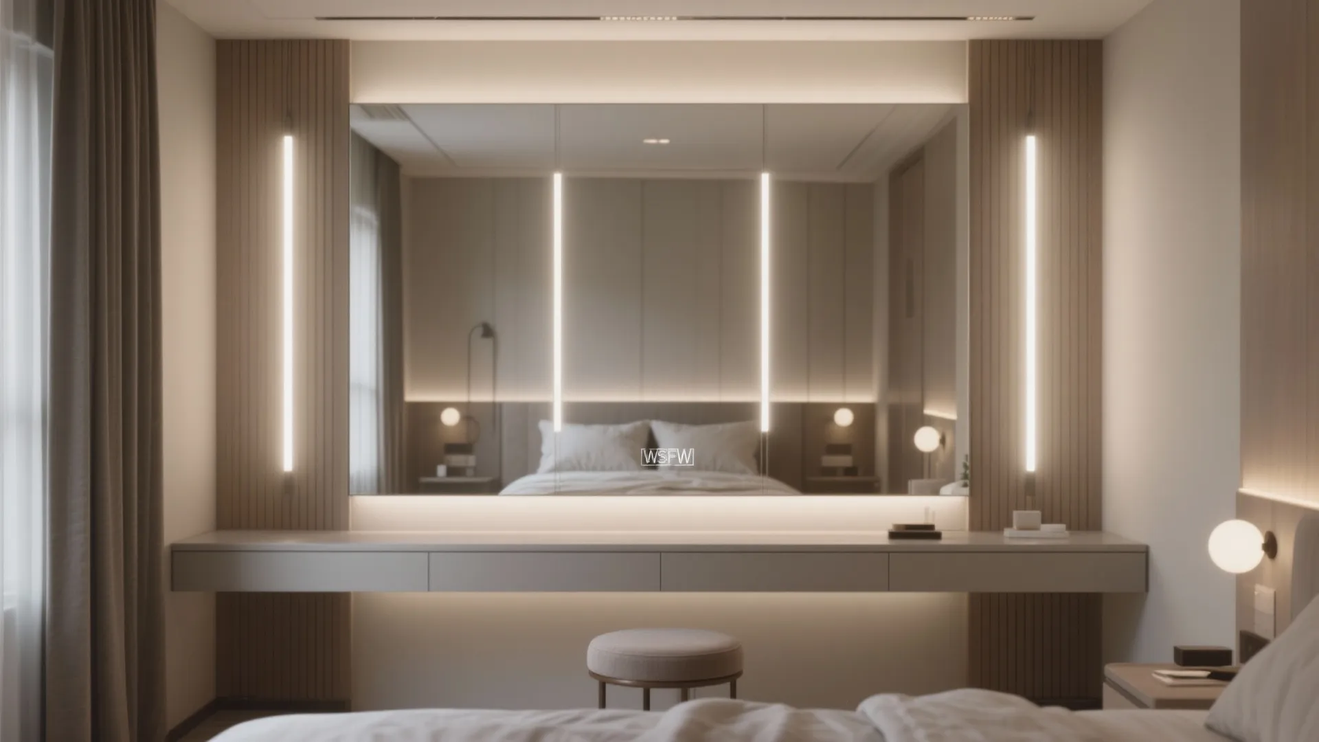 Mirror wall with vertical lights for true-to-color makeup