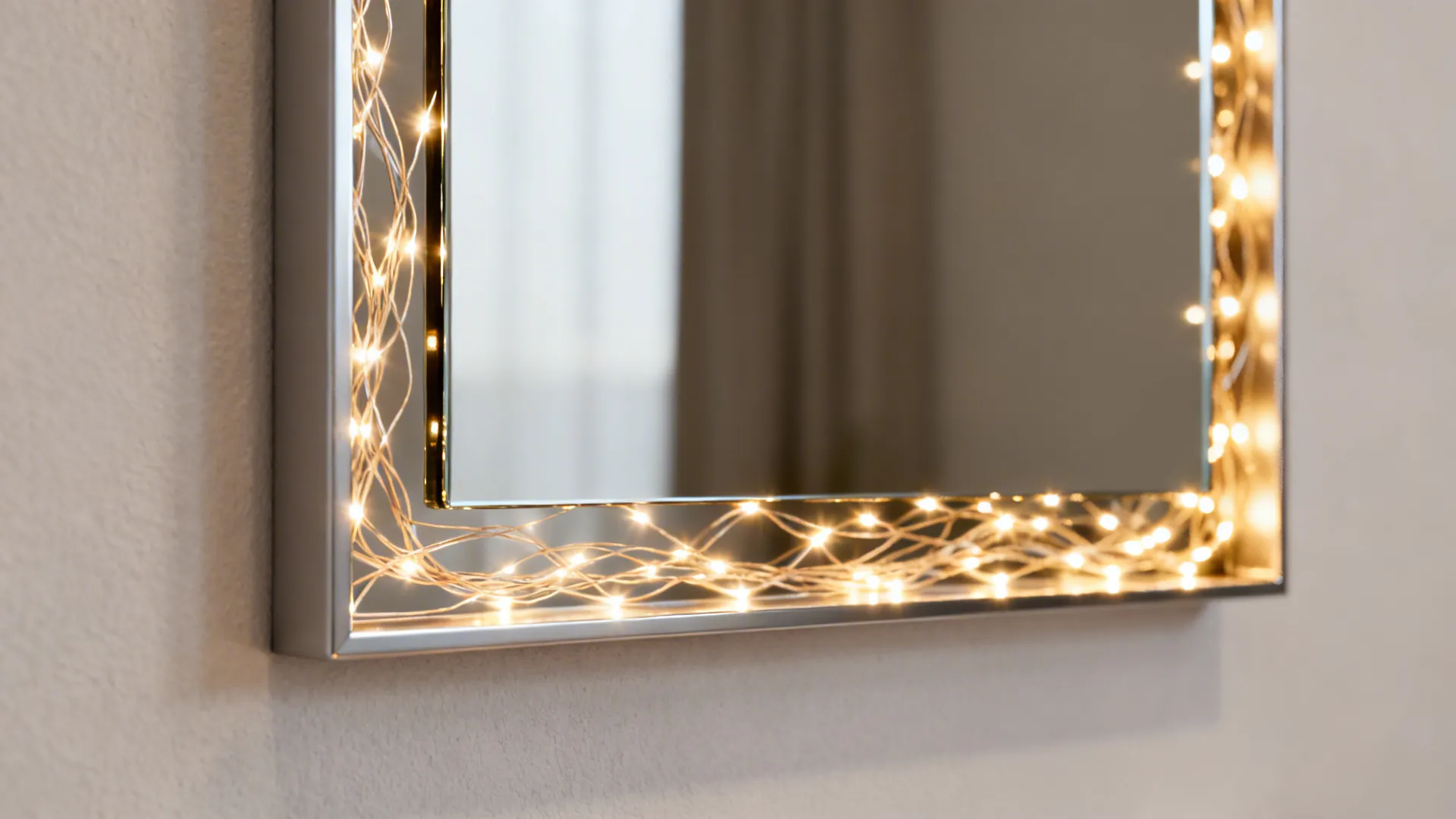 Mirror frame with integrated warm LED fairy lights amplifying reflected light