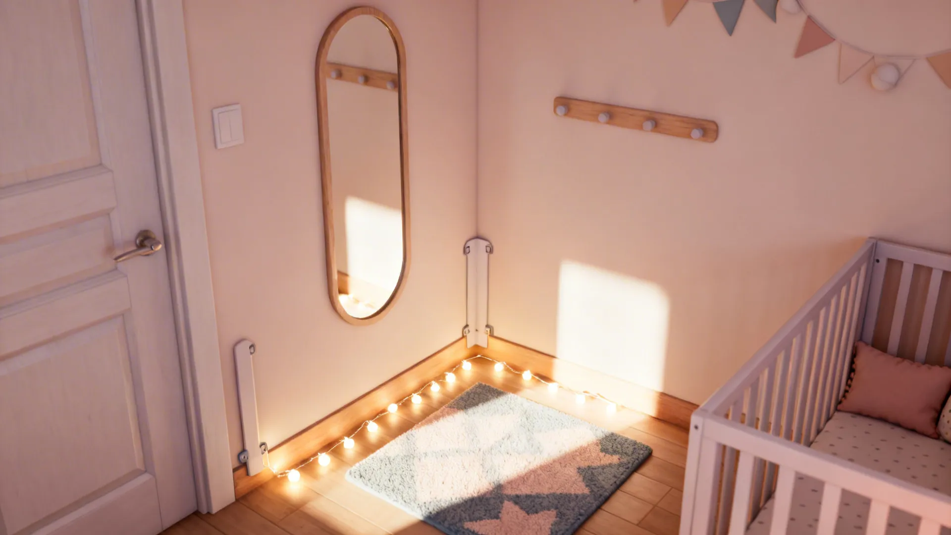 Nursery corner with wall mirror, safe string lights, and a small washable rug