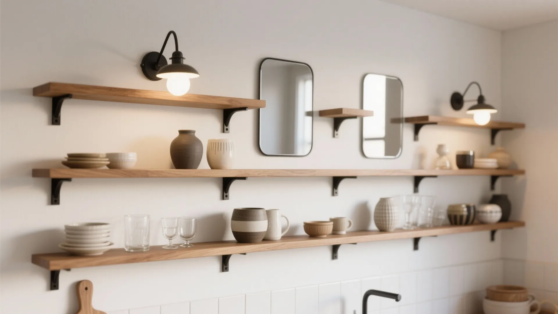 Mirror-fronted wall lights above open shelving