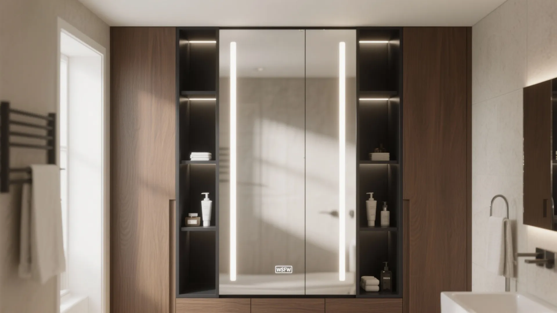 Bathroom wall cabinet with large lit mirror central storage shelves with lights and dark wood panels