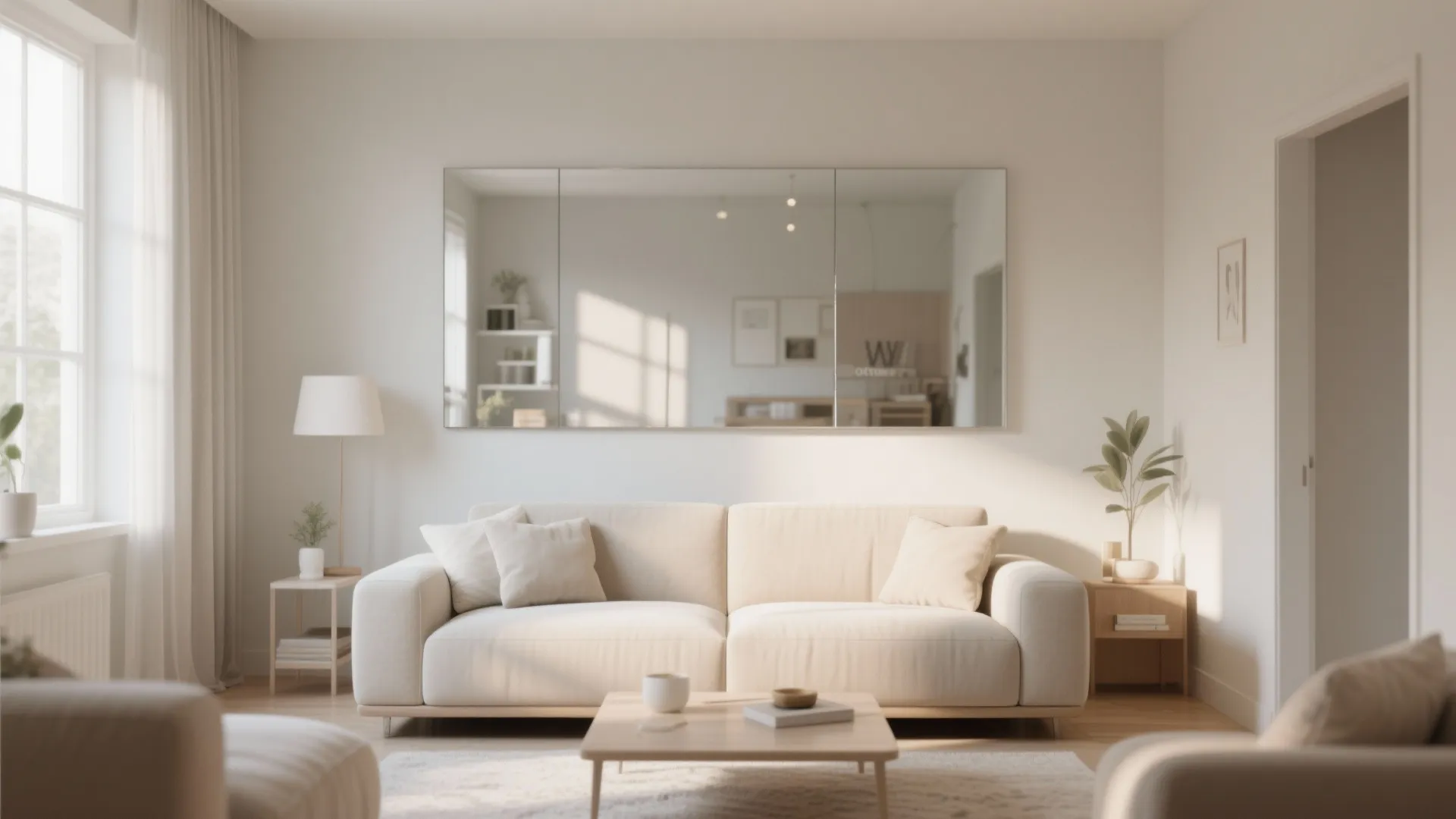 Minimalist living room with beige sofa large wall mirror wooden coffee table and white walls